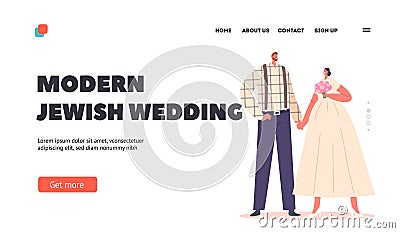 Modern Jewish Couple Marriage Celebration Landing Page Template. Happy Bearded Groom and Bride Characters Wedding Vector Illustration