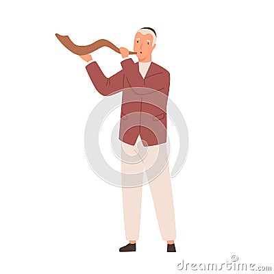Modern jewish man playing Shofar vector flat illustration. Colorful cute male blowing traditional jew horn isolated on Vector Illustration
