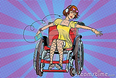 Modern joyful teen girl disabled in a wheelchair, listening to m Vector Illustration