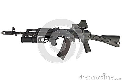 Modern kalashnikov AK 74M assault rifle with holographic weapon sight and underbarrel grenade launcher Stock Photo