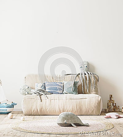 Modern kids bedroom with pink bed and soft toys, wall mock up children room, 3d rendering Stock Photo