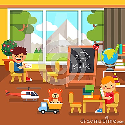 Modern kindergarten playroom. Kids playing Vector Illustration