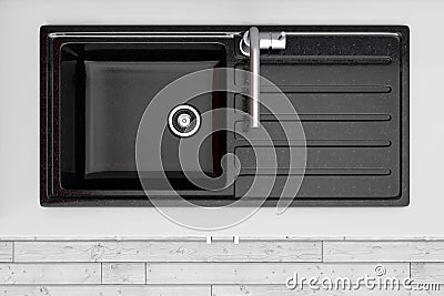 Modern Kitchen with Black Kitchen Sink and Tap Water top view. 3 Stock Photo