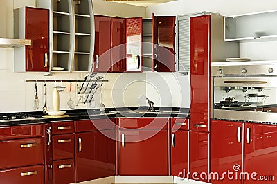 Modern kitchen cabinet door a deep red 02 Stock Photo