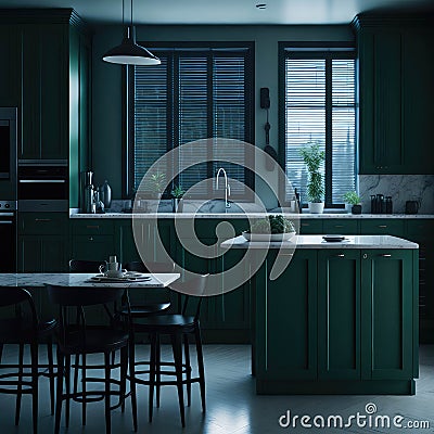Modern Kitchen With Classic Lines, Large Dinning Island with Marble top, Hanging Lights, Window Sunlight, Clean style Generative Stock Photo