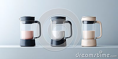 Modern kitchen containers displaying various beverages in a minimalist setting showcasing design and functionality Stock Photo