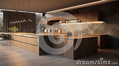 Modern kitchen created with Generative AI. Chairs, table and countertop. Space for cooking. Stock Photo