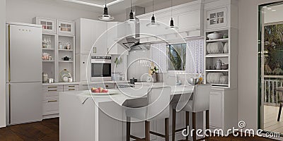 Modern kitchen 3d render. table with chairs Stock Photo