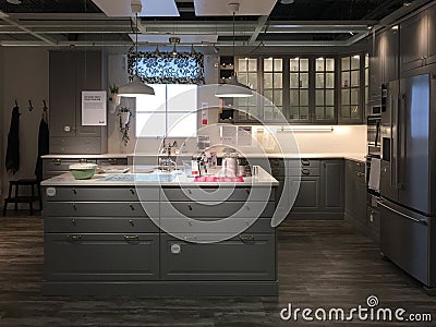 Modern kitchen design with island at furnishing store IKEA Editorial Stock Photo