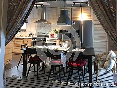 Modern kitchen and dinning room design at furnishing store IKEA Editorial Stock Photo