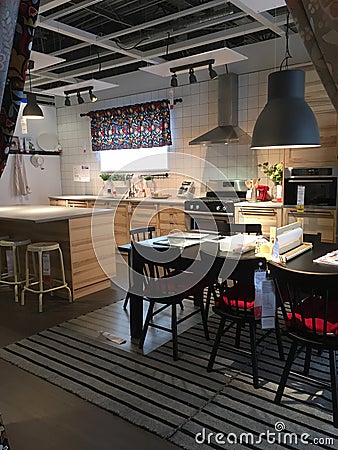 Modern kitchen and dinning room design at furnishing store IKEA Editorial Stock Photo