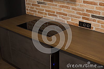 Modern kitchen with electric oven, electic stove against the background of a brick wal. Brown and gray wooden countertops. Luxury Stock Photo