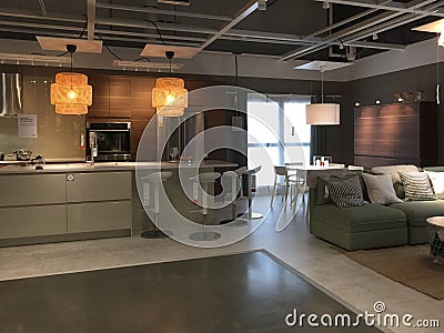 Modern kitchen and family room design at furnishing store IKEA Editorial Stock Photo