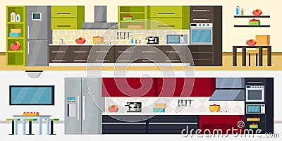 Modern Kitchen Horizontal Banners Vector Illustration