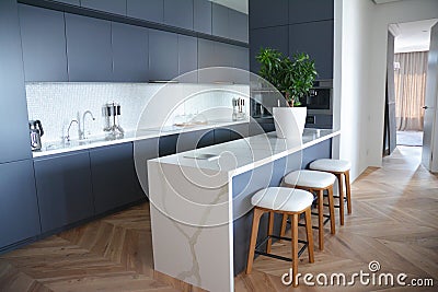 Modern kitchen interior design with hardwood floors in luxury home Stock Photo