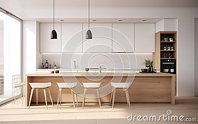 Modern kitchen, interior design, minimalistic scandinavian look. Natural wooden and white materials. Minimalistic sunny photo. AI Stock Photo