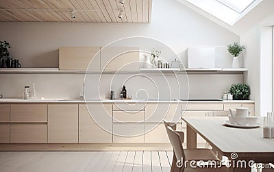 Modern kitchen, interior design, minimalistic scandinavian look. Natural wooden and white materials. Minimalistic sunny photo. AI Stock Photo