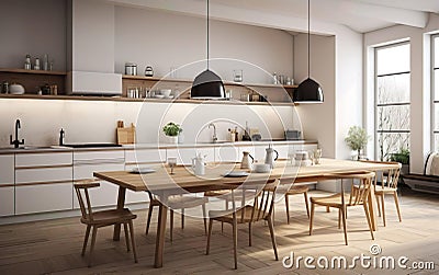 Modern kitchen, interior design, minimalistic scandinavian look. Natural wooden and white materials. Minimalistic sunny photo. AI Stock Photo