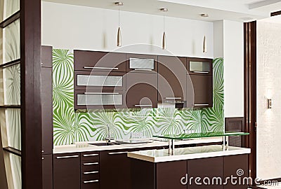 Modern Kitchen interior with hardwood furniture Stock Photo