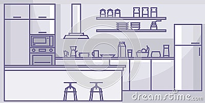 Modern kitchen interior Home indoors kitchen appliances furniture Linear vector illustration. Vector Illustration