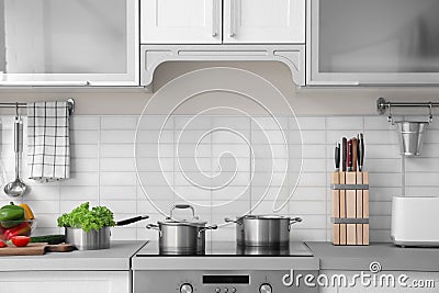 Modern kitchen interior with houseware Stock Photo