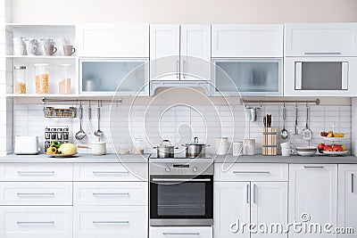 Modern kitchen interior with houseware Stock Photo