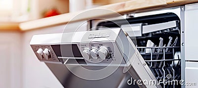 Modern kitchen interior with partially opened dishwasher door in a contemporary setting Stock Photo