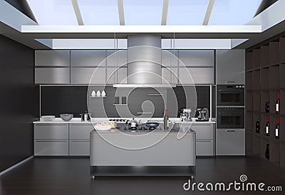 Modern kitchen interior with smart appliances in black color coordination Stock Photo