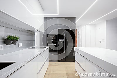 Kitchen with led ceiling lights Stock Photo