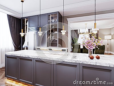 A modern kitchen island made of wooden panels with a chamfer of gray color, with a white marble countertop and two bar stools. Stock Photo