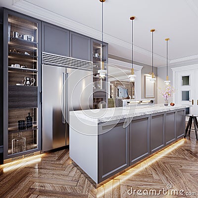 A modern kitchen island made of wooden panels with a chamfer of gray color, with a white marble countertop and two bar stools. Stock Photo