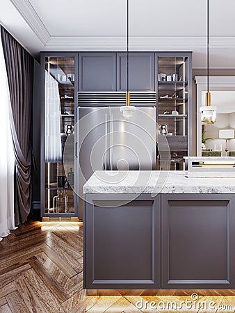 A modern kitchen island made of wooden panels with a chamfer of gray color, with a white marble countertop and two bar stools. Stock Photo