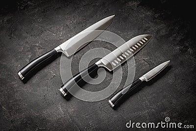 Modern Kitchen Knives Set on Stone Background. Chef's Knives Concept. Stock Photo