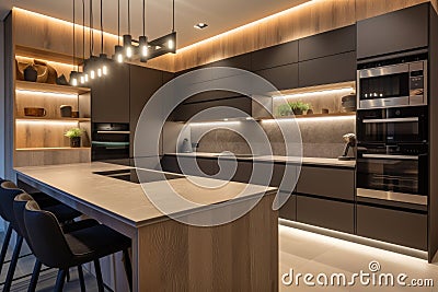 modern kitchen, with overhead lighting and under-cabinet lights creating a warm and welcoming atmosphere Stock Photo