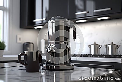 modern kitchen with sleek, chrome geyser coffee maker sitting on sleek black countertop Stock Photo