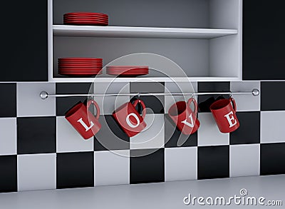 Modern kitchen white and black design. St.Valentine day. 3d render Stock Photo