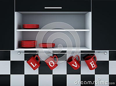 Modern kitchen white and black design. St.Valentine day. 3d render Stock Photo