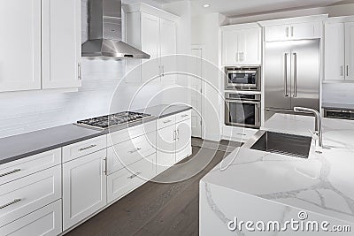 Modern Kitchen with White Cabinets and Stainless Appliances Stock Photo