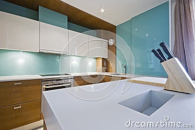 Modern kitchen with white worktop Stock Photo