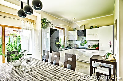 Modern kitchen wide angle HDR image Stock Photo