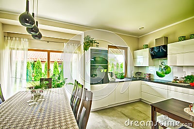 Modern kitchen wide angle HDR image Stock Photo