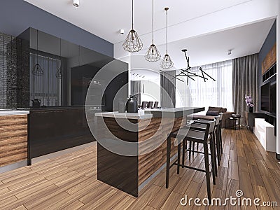 Modern kitchen with wood and gloss black kitchen cabinets, kitchen island with bar stools, stone countertops, built-in appliances Stock Photo