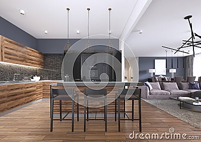 Modern kitchen with wood and gloss black kitchen cabinets, kitchen island with bar stools, stone countertops, built-in appliances Stock Photo