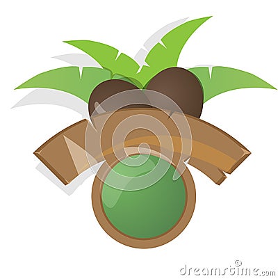 Modern label with coconut, palm and wooden bunner Vector Illustration