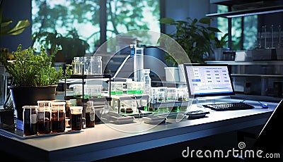 Modern laboratory with computer running through research. Computer analyse experiment, scanning, collection data Stock Photo