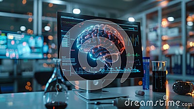 Modern laboratory featuring a computer screen with 3D brain imaging data, highlighting advanced technology and research in Stock Photo