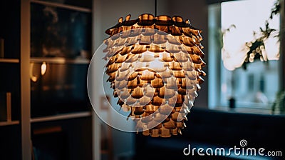 A modern lampshade made entirely of recycled plastic is hanging from a ceiling. AI generative image. Stock Photo