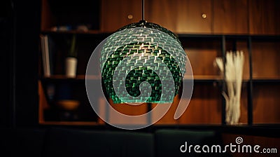 A modern lampshade made entirely of recycled plastic is hanging from a ceiling. AI generative image. Stock Photo