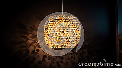 A modern lampshade made entirely of recycled plastic is hanging from a ceiling. AI generative image. Stock Photo