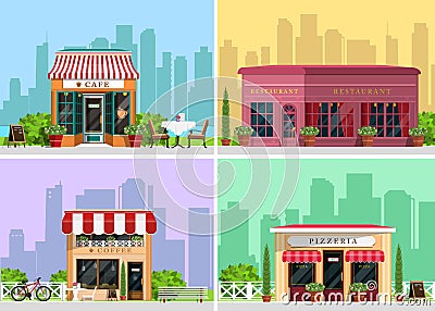 Modern landscape set with cafe, restaurant, pizzeria, coffee house building, trees, bushes, flowers, benches, restaurant tables. Vector Illustration